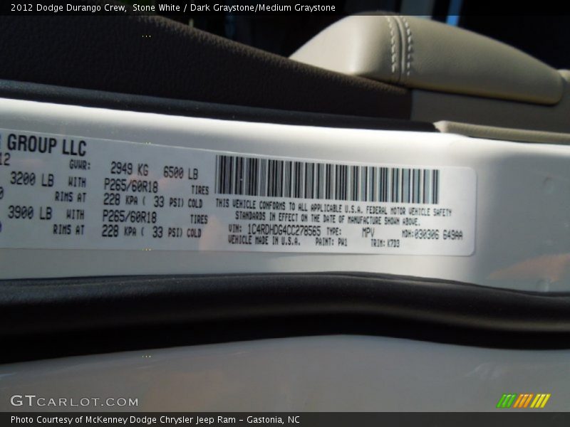 Stone White / Dark Graystone/Medium Graystone 2012 Dodge Durango Crew
