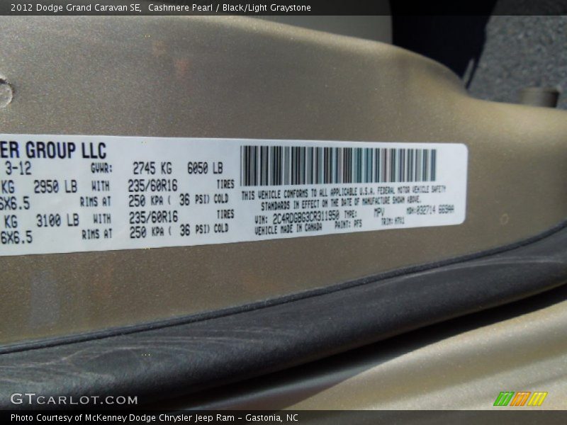 2012 Grand Caravan SE Cashmere Pearl Color Code PFS