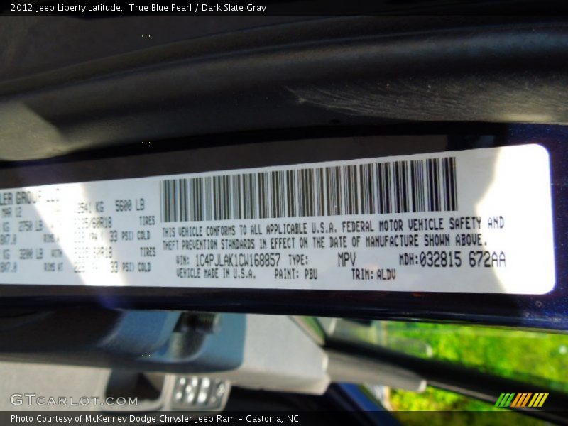 2012 Liberty Latitude True Blue Pearl Color Code PBU