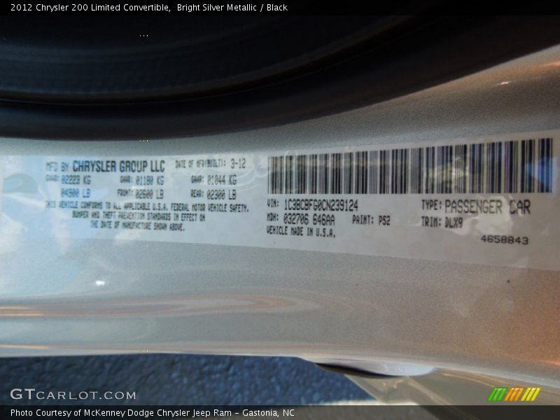 Bright Silver Metallic / Black 2012 Chrysler 200 Limited Convertible