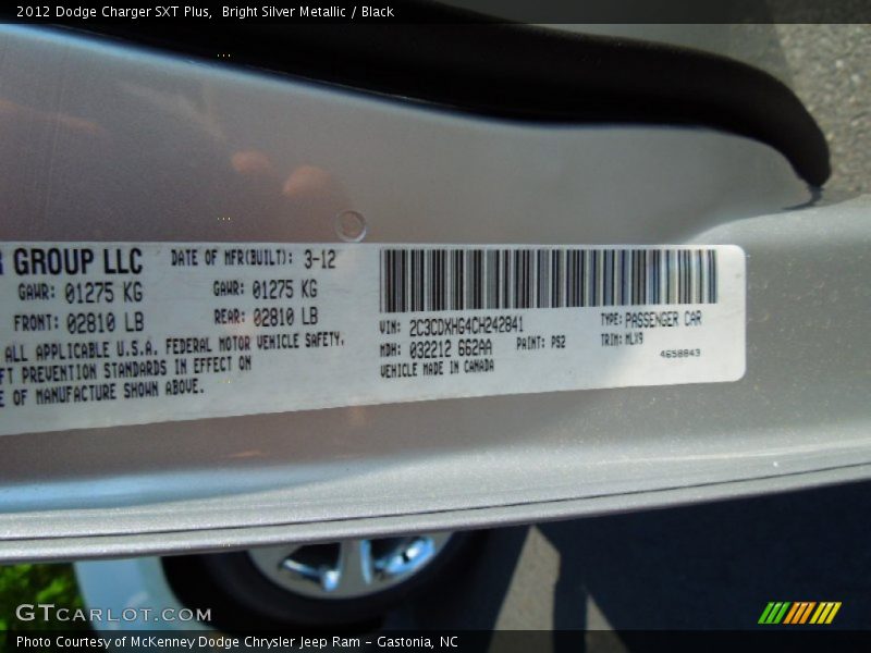 Bright Silver Metallic / Black 2012 Dodge Charger SXT Plus
