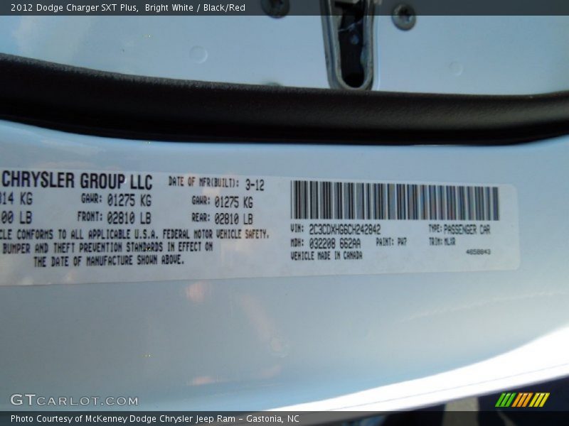 Bright White / Black/Red 2012 Dodge Charger SXT Plus