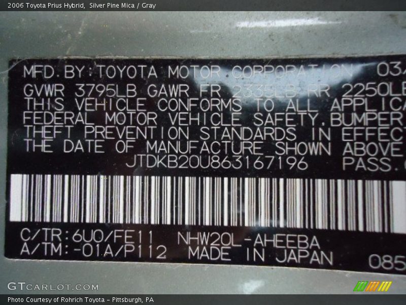 2006 Prius Hybrid Silver Pine Mica Color Code 6U0