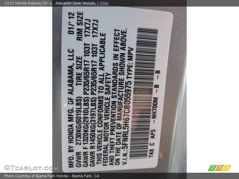 Alabaster Silver Metallic / Gray 2012 Honda Odyssey EX-L
