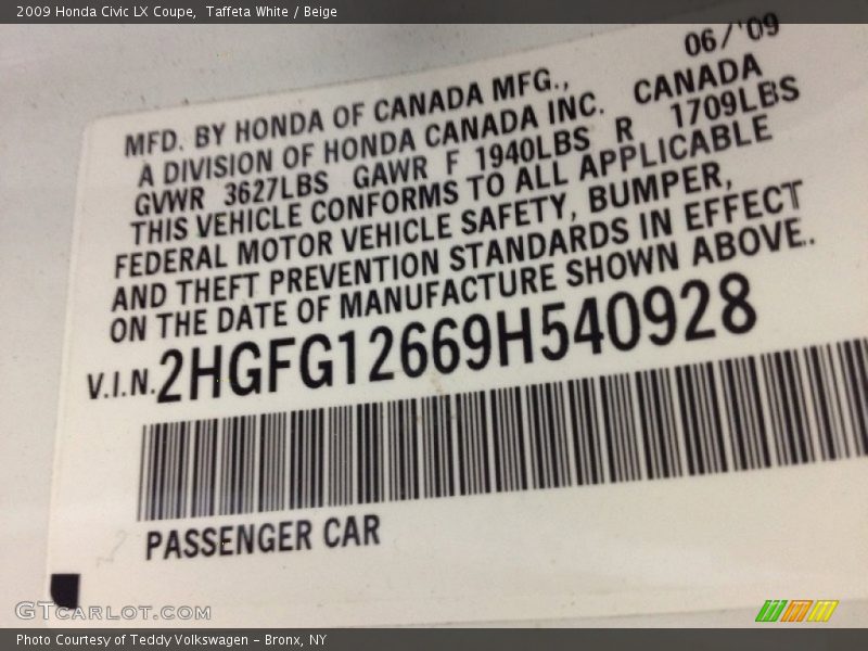 Taffeta White / Beige 2009 Honda Civic LX Coupe