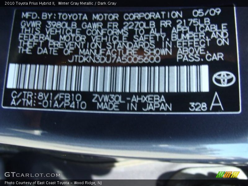 2010 Prius Hybrid II Winter Gray Metallic Color Code 8V1