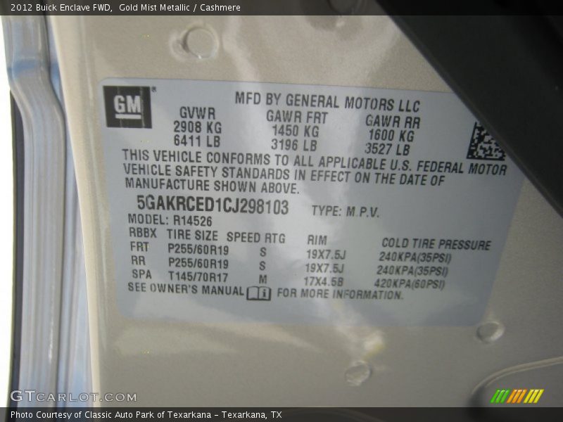 Gold Mist Metallic / Cashmere 2012 Buick Enclave FWD