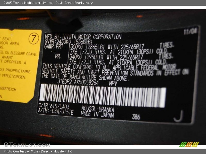 2005 Highlander Limited Oasis Green Pearl Color Code 6T5