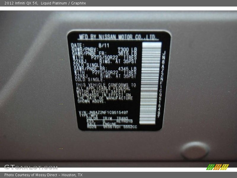 2012 QX 56 Liquid Platinum Color Code K23