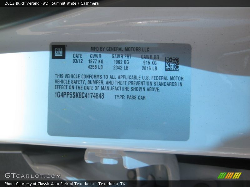 Summit White / Cashmere 2012 Buick Verano FWD