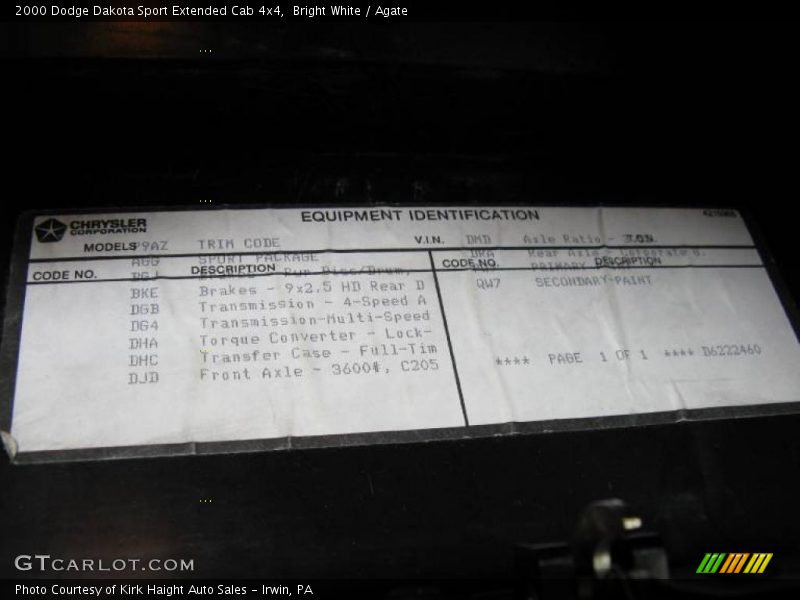 Bright White / Agate 2000 Dodge Dakota Sport Extended Cab 4x4