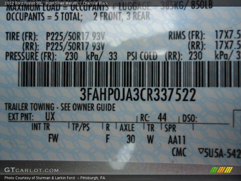 Ingot Silver Metallic / Charcoal Black 2012 Ford Fusion SEL