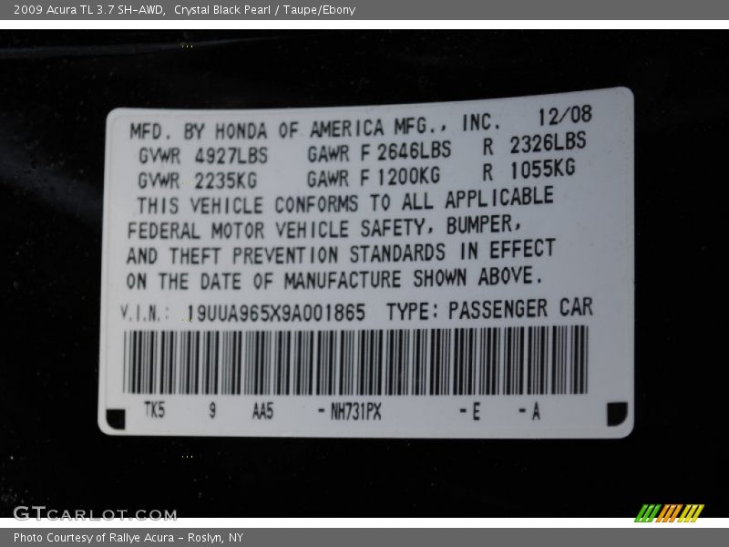 Crystal Black Pearl / Taupe/Ebony 2009 Acura TL 3.7 SH-AWD