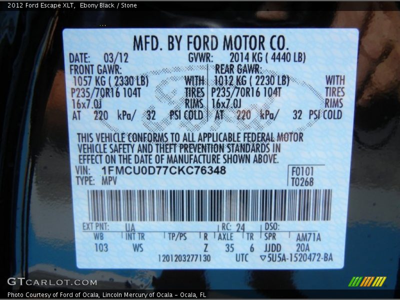 Ebony Black / Stone 2012 Ford Escape XLT