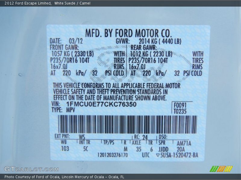 White Suede / Camel 2012 Ford Escape Limited