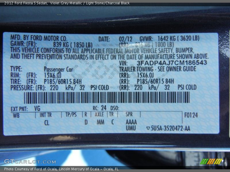 Violet Grey Metallic / Light Stone/Charcoal Black 2012 Ford Fiesta S Sedan