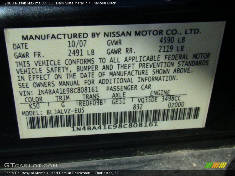 2008 Maxima 3.5 SE Dark Slate Metallic Color Code K50