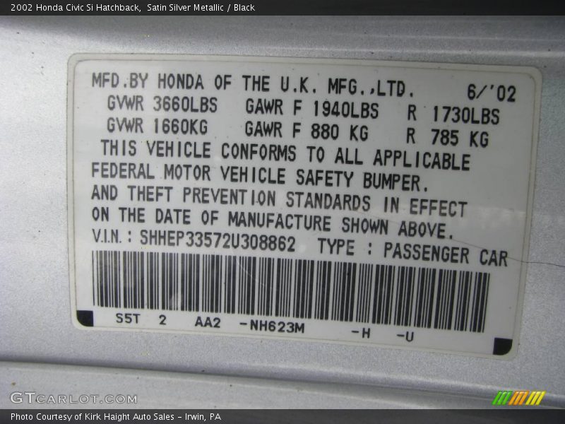 Satin Silver Metallic / Black 2002 Honda Civic Si Hatchback