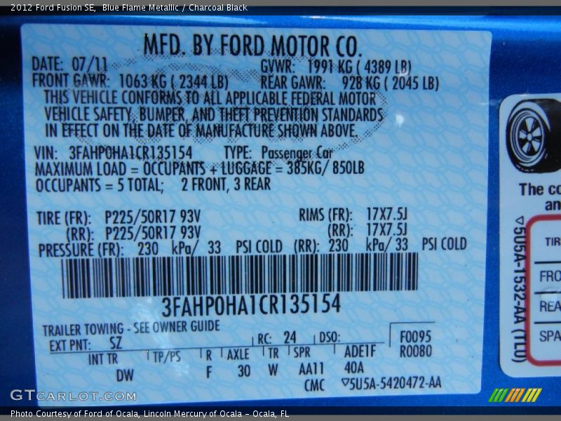 Blue Flame Metallic / Charcoal Black 2012 Ford Fusion SE