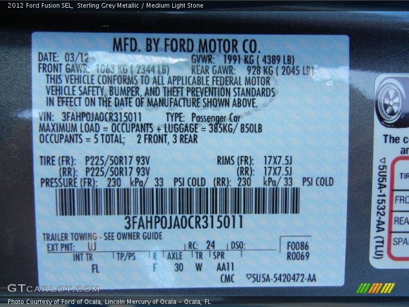Sterling Grey Metallic / Medium Light Stone 2012 Ford Fusion SEL