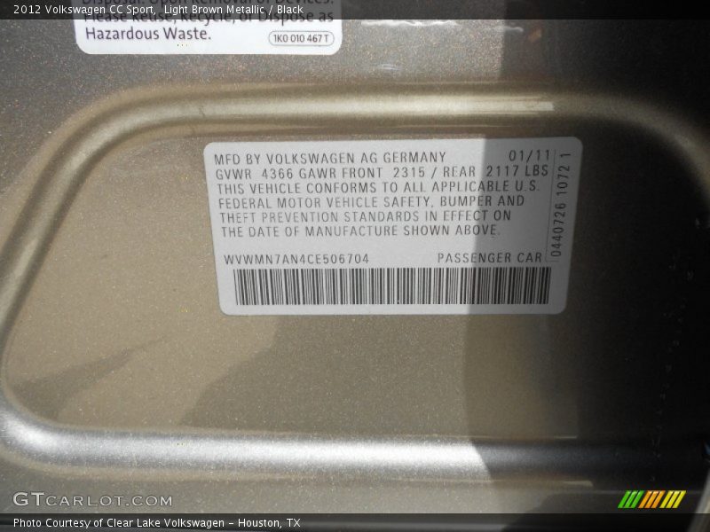Light Brown Metallic / Black 2012 Volkswagen CC Sport
