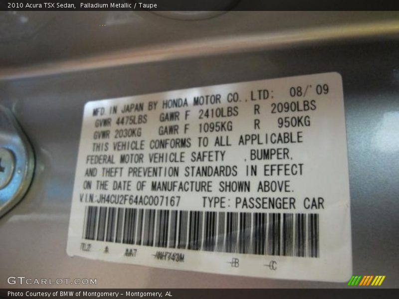 Palladium Metallic / Taupe 2010 Acura TSX Sedan