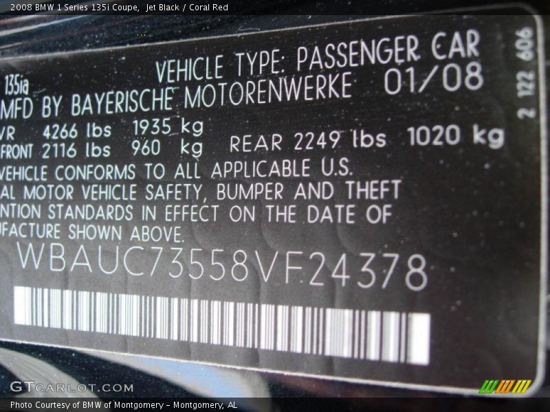 Jet Black / Coral Red 2008 BMW 1 Series 135i Coupe