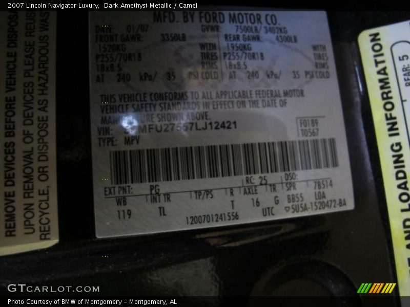 2007 Navigator Luxury Dark Amethyst Metallic Color Code PG