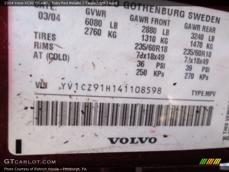 Ruby Red Metallic / Taupe/Light Taupe 2004 Volvo XC90 T6 AWD