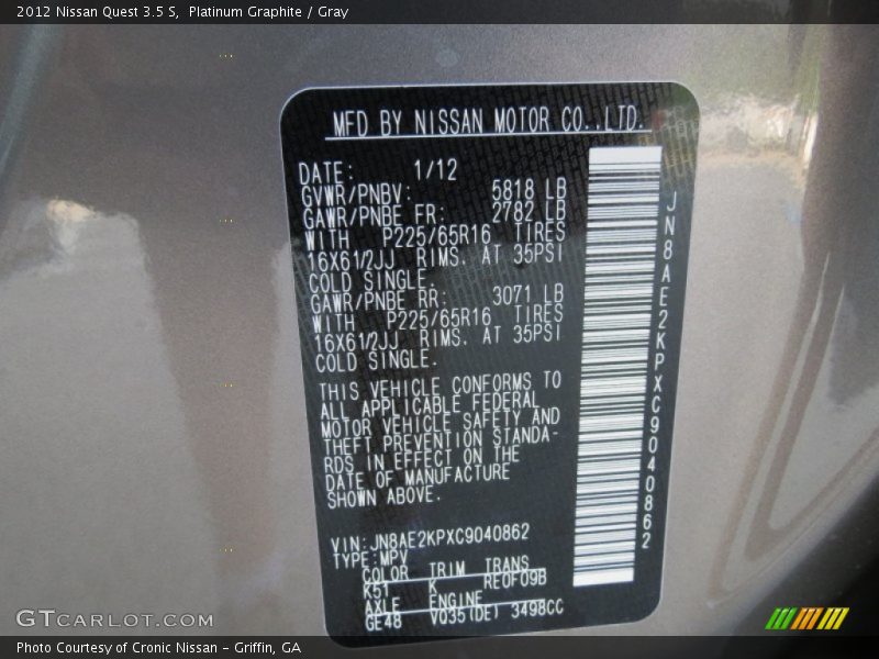 Platinum Graphite / Gray 2012 Nissan Quest 3.5 S