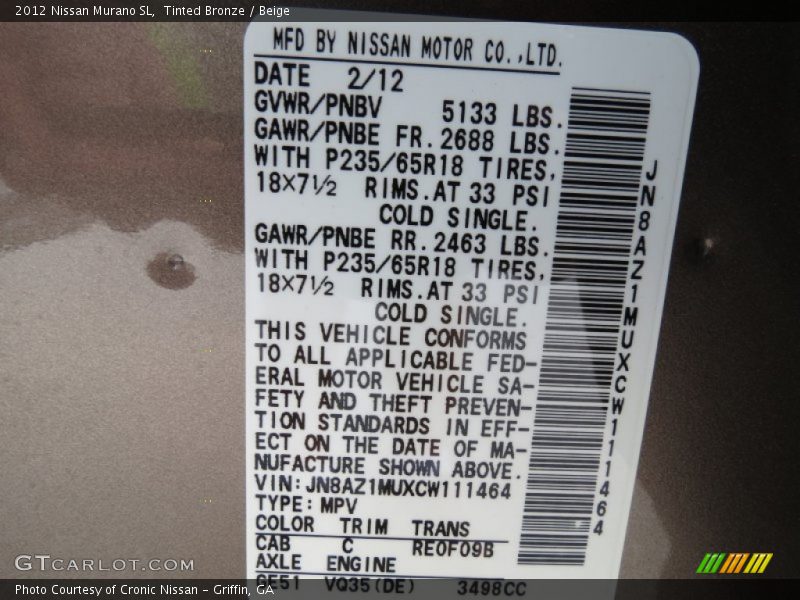 Tinted Bronze / Beige 2012 Nissan Murano SL