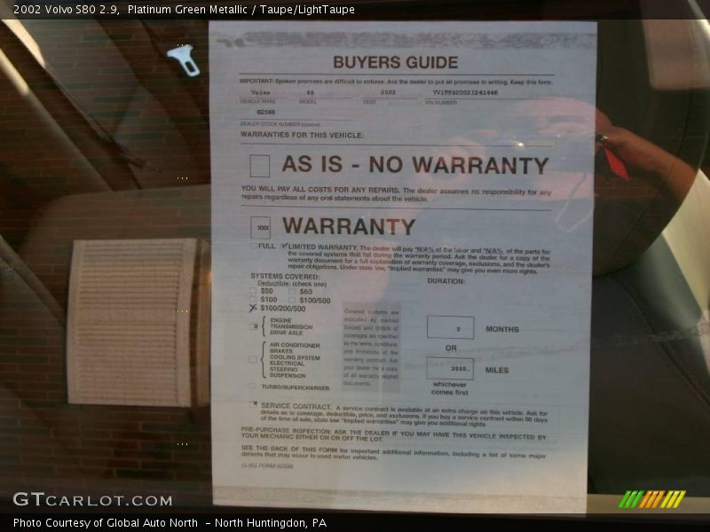 Platinum Green Metallic / Taupe/LightTaupe 2002 Volvo S80 2.9