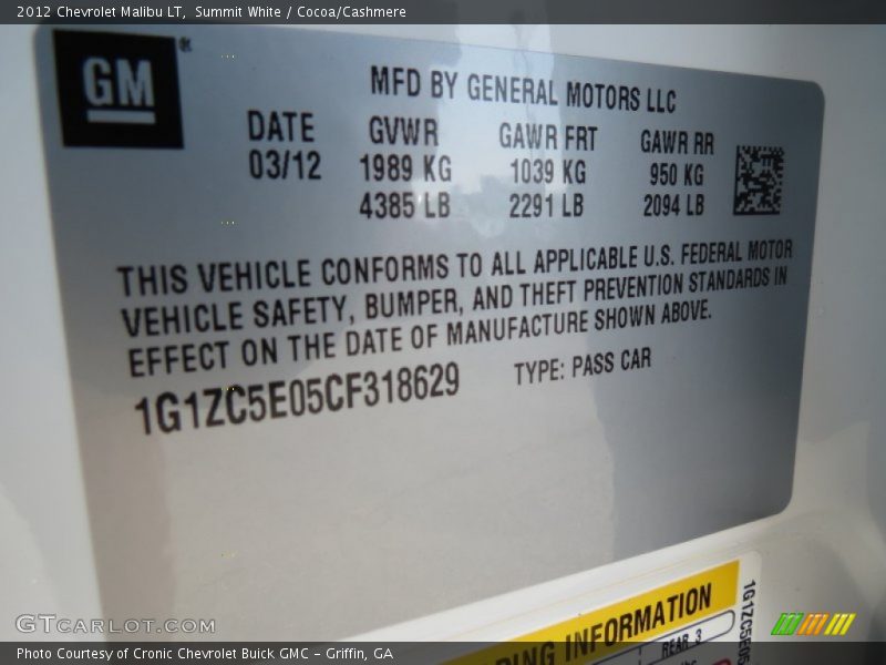 Summit White / Cocoa/Cashmere 2012 Chevrolet Malibu LT