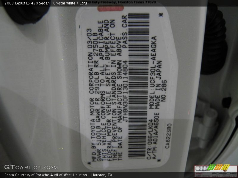 Crystal White / Ecru 2003 Lexus LS 430 Sedan