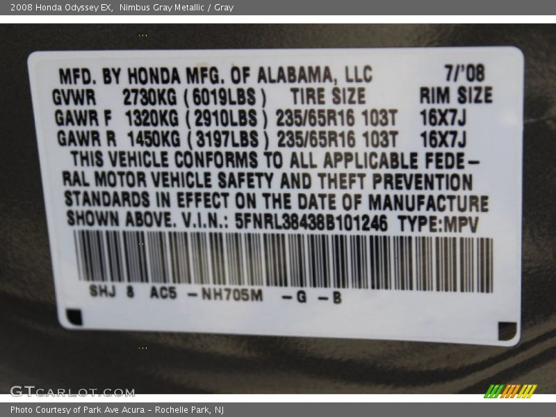 2008 Odyssey EX Nimbus Gray Metallic Color Code NH705M