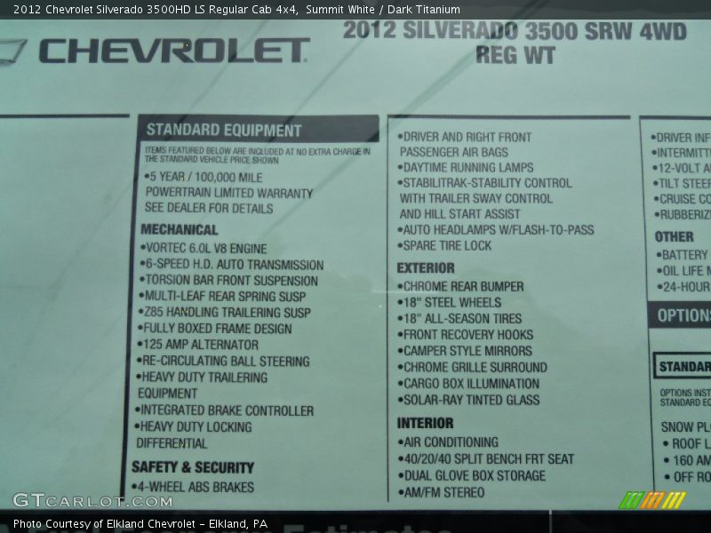  2012 Silverado 3500HD LS Regular Cab 4x4 Window Sticker