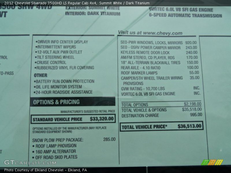  2012 Silverado 3500HD LS Regular Cab 4x4 Window Sticker