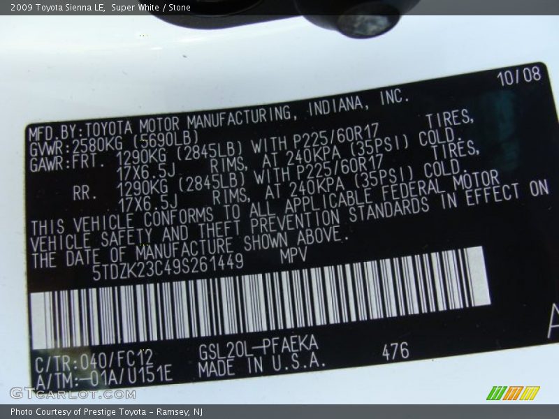 Super White / Stone 2009 Toyota Sienna LE