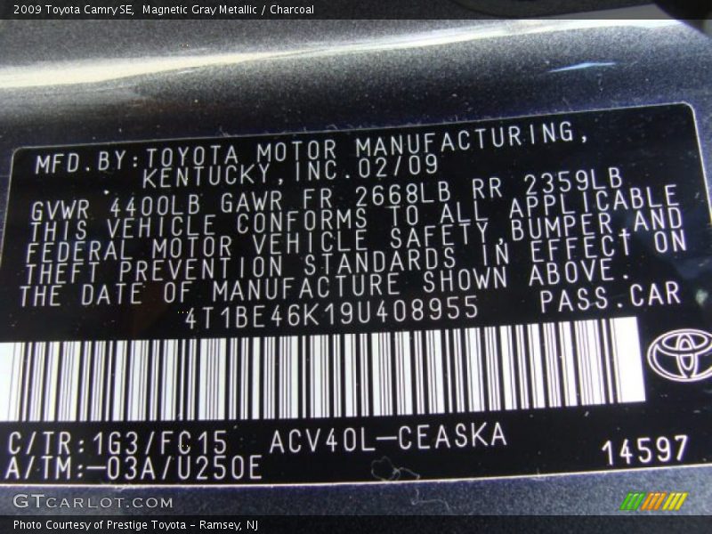 Magnetic Gray Metallic / Charcoal 2009 Toyota Camry SE