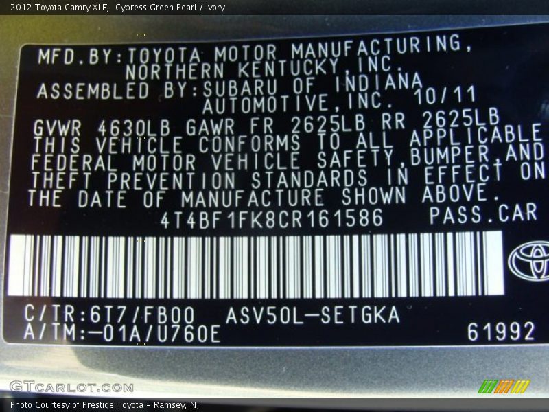 Cypress Green Pearl / Ivory 2012 Toyota Camry XLE