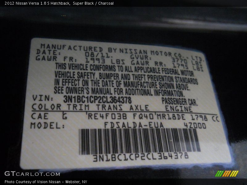 Super Black / Charcoal 2012 Nissan Versa 1.8 S Hatchback