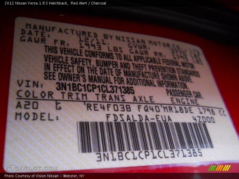 Red Alert / Charcoal 2012 Nissan Versa 1.8 S Hatchback