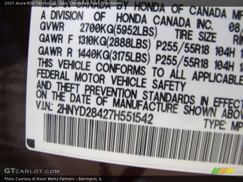 Dark Cherry Red Pearl / Parchment 2007 Acura MDX Technology