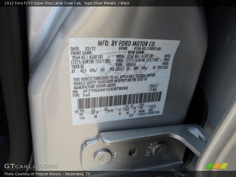 Ingot Silver Metallic / Black 2012 Ford F250 Super Duty Lariat Crew Cab