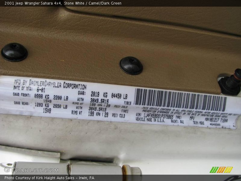 Stone White / Camel/Dark Green 2001 Jeep Wrangler Sahara 4x4