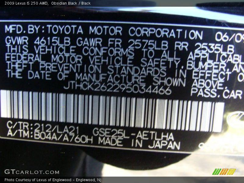 Obsidian Black / Black 2009 Lexus IS 250 AWD