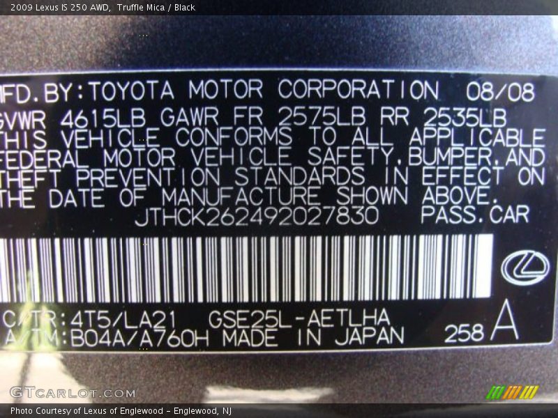 Truffle Mica / Black 2009 Lexus IS 250 AWD