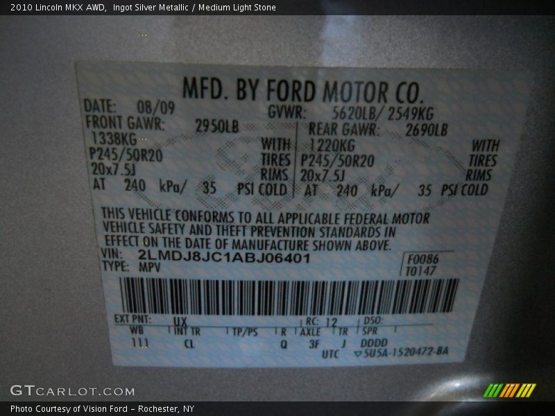 Ingot Silver Metallic / Medium Light Stone 2010 Lincoln MKX AWD