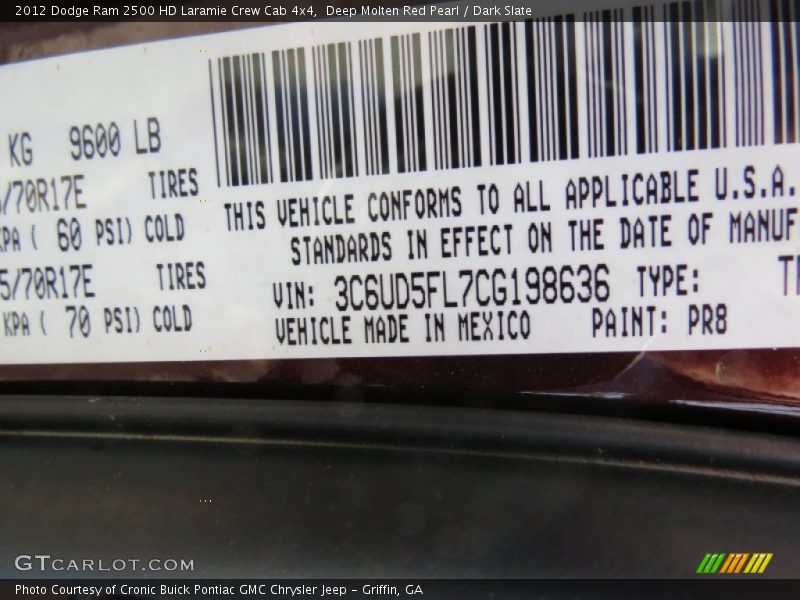 2012 Ram 2500 HD Laramie Crew Cab 4x4 Deep Molten Red Pearl Color Code PR8