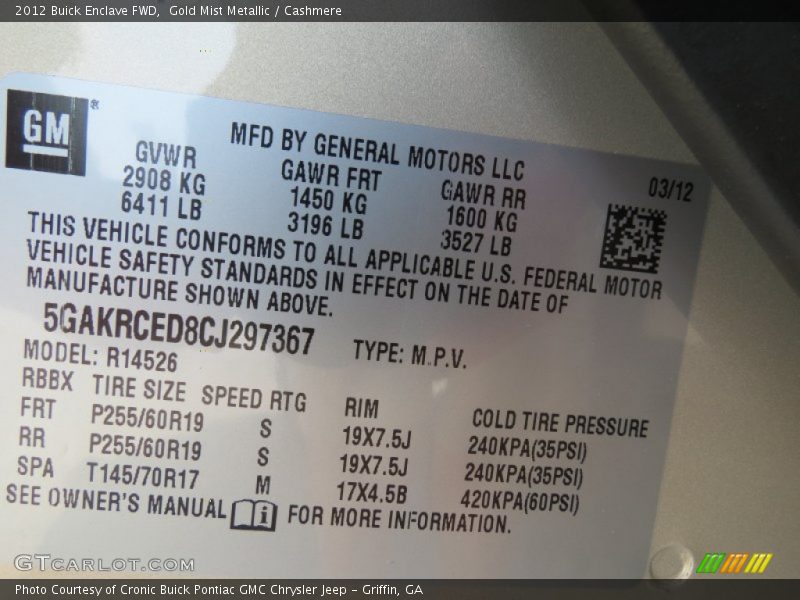 Gold Mist Metallic / Cashmere 2012 Buick Enclave FWD